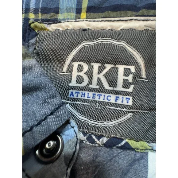 BKE Mens Athletic Fit Button-Up Shirt Sze L Navy/Yellow Plaid Casual Long Sleeve - Picture 2 of 10